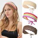 CHLINS Hairband, 3PCS Crochet Headband Women Floral Hairband - Elastic Handmade Crochet Head Wrap Bohemian knit Headband for Women and Girls(Rainbow, Beige, Dark Coffee)
