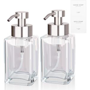 Foaming Soap Dispenser with Stainless Steel Pump, 12oz Refillable Glass Liquid Dish Soap Bottles for Bathroom, Kitchen Sink, Home Decor, 2 Pack