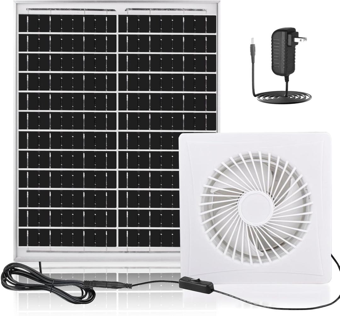 Solar Fan for Chicken Coop,25W Solar Panel+8" High Speed Solar Exhaust Fan with Bracket,Solar Fan with Power Adapter,Waterproof Solar Powered Fan for Chicken Coop,Greenhouse,Shed(White)