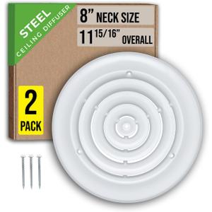 [2 Pack] Fits 8 Inch Neck Air Duct | Steel Round Air Supply Diffuser for Ceiling by Handua | Round Diffuser Vent Cover | White | Outer Dimension: 11-15/16"