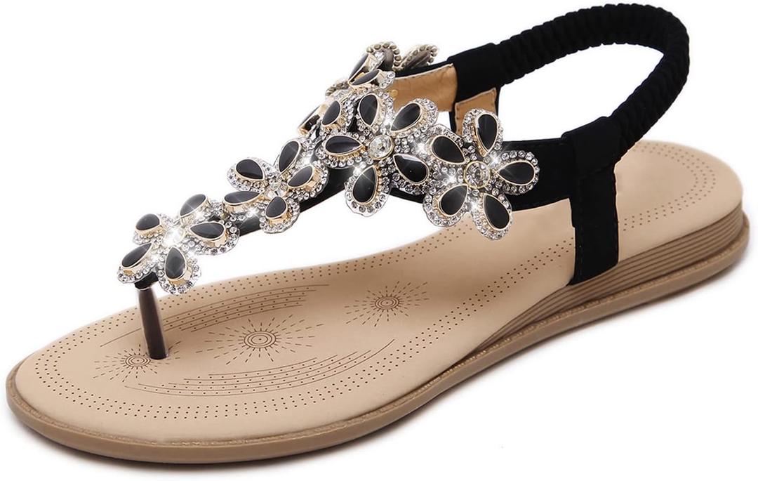iCKER Women Sandals Rhinestone Dressy Casual Summer flat flip flops Comfortable Sandals (6.5, 929-black)