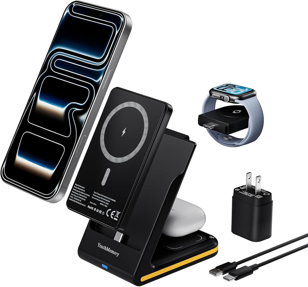 Wireless Charger 5 in 1 Magnetic Charging Station Stand with Portable Power Bank for Apple/Samsung Multiple Devices for Apple Watch 10-2,iPhone 16 15-12 Pro Max/Samsung Galaxy S25 Ultra S24-S8