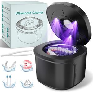 Ultrasonic Retainer Cleaner, Dental Cleaning Pod with U-V Lights, 45kHz Retainer Cleaner Machine for Dentures, Toothbrush Heads, Jewelry, Aligner, Night Mouth Guards (Black)