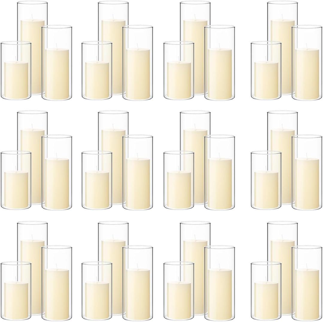 Shihanee Set of 36 Pillar Candles and Glass Cylinder Vases Clear Cylinder Holders for Slim Pillar Candles Wedding Centerpieces(2.6'' X 4.7'', 5.9'', 7.9'',Ivory White)