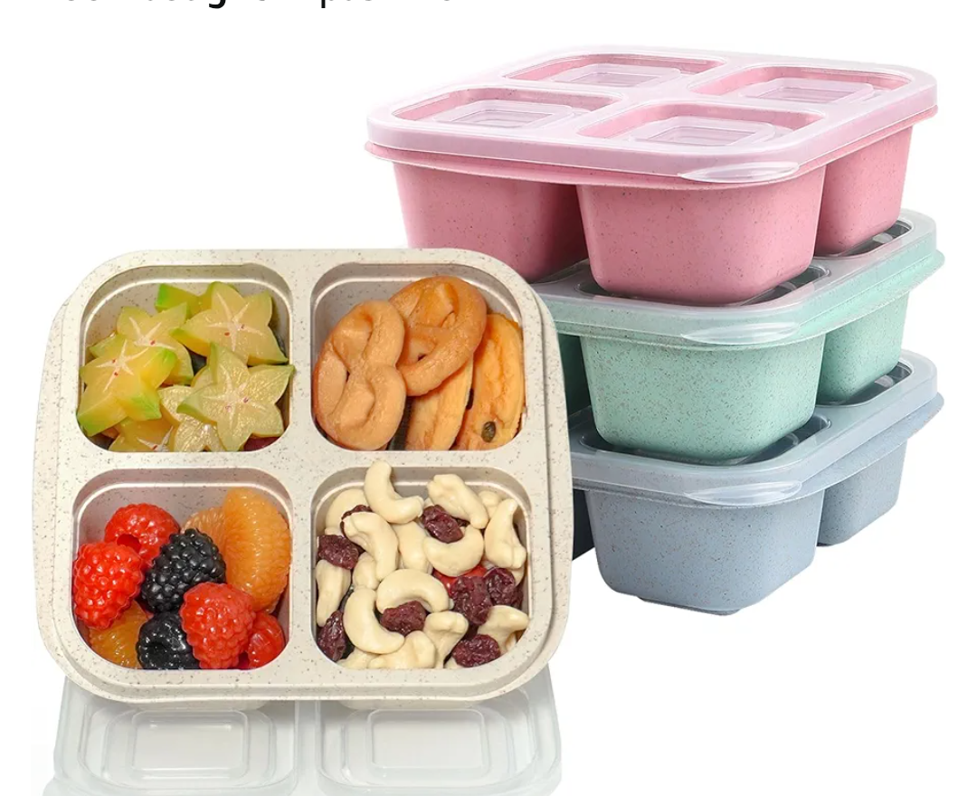 6  Pack Snack Containers, Divided Bento Snack Box, 4 Compartments Reusable Meal Prep Lunch Containers for Kids Adults, Food Storage Containers for School Work Travel