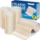 LotFancy Elastic Bandage Wrap, 4 Pack 4 Inch Cotton Compression Bandage, Self Closure on Both Ends, Medical Wrap for Ankle, Knee, Legs, Foot, Wrists, Support & First Aid for Injury Recovery, Sports (4 Inch x 15 Feet (Stretched))