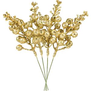 DearHouse 14 Pack Christmas Glitter Berries Stems, 7.8Inch Artificial Christmas Picks for Christmas Tree Ornaments, DIY Xmas Wreath, Crafts, Holiday and Home Decor (Gold)