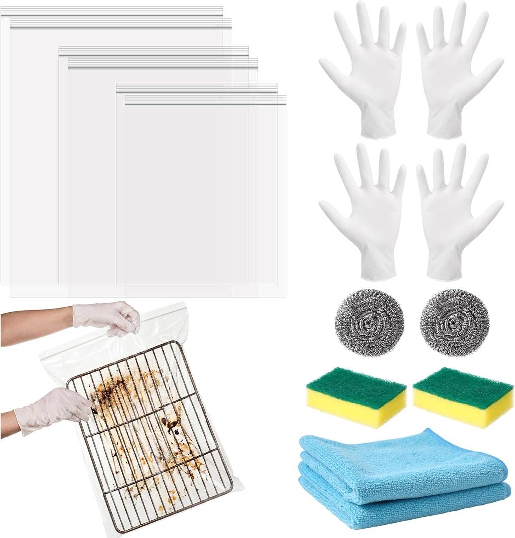 3 x Oven Rack Cleaner Bags Kit Heavy Duty Reusable Oven Rack Soaking Cleaner Bags in 3 Sizes with Gloves Steel Wool Sponges Cleaning Cloths for Deep Degreasing Household Maintenance