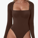 QINSEN Women's Sexy Square Neck Bodysuit Long Sleeve Double Lined Shirt Tops M