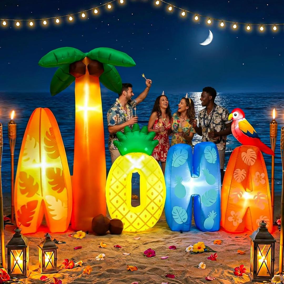 6.5 ft Inflatable Aloha Sign with Palm Tree, Pineapple and Surfboards, Outdoor Luau Party Decoration with Built in LED Lights, Blower and Ground Stakes for Beach Pool Tropical Hawaiian Yard