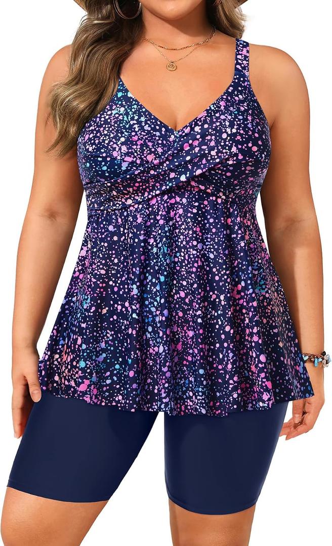 Aqua Eve Plus Size Tankini with Shorts - Two Piece Swimsuit Tummy Control Bathing Suit Flowy Swimwear 2026, 18 Plus, Starry Sky
