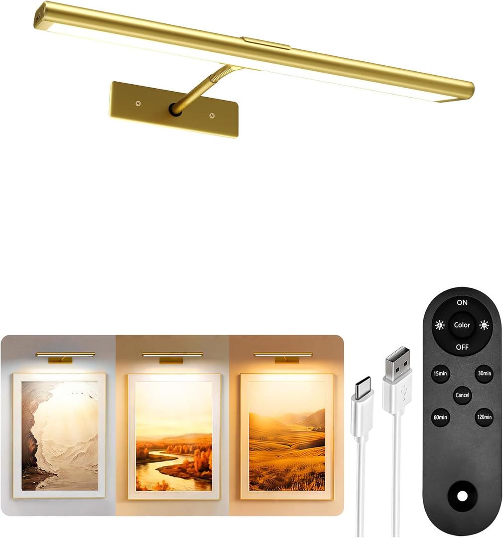 EZVALO Picture Light for Wall, 4800mAh Rechargeable Wireless Remote, 13in Dimmable Magnetic LED Art Display Light with 3 Color Temperatures, for Gallery, Living Room, Bedroom, Hallway (Gold)