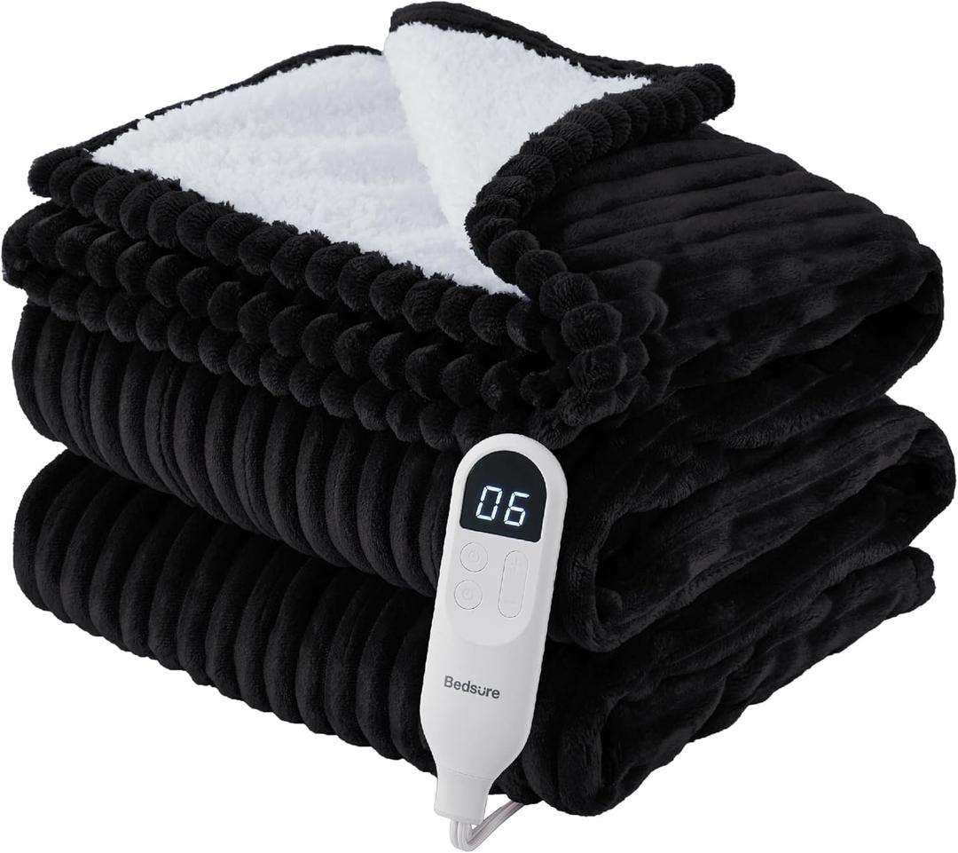 Bedsure GentleSoft Electric Blanket Twin  Soft Ribbed Flannel Heated Blanket, Heating with 10 Time Settings, 6 Heat Settings, and 8 hrs Timer Auto Shut Off, Gifts for Grandma (62x84 inches, Black)