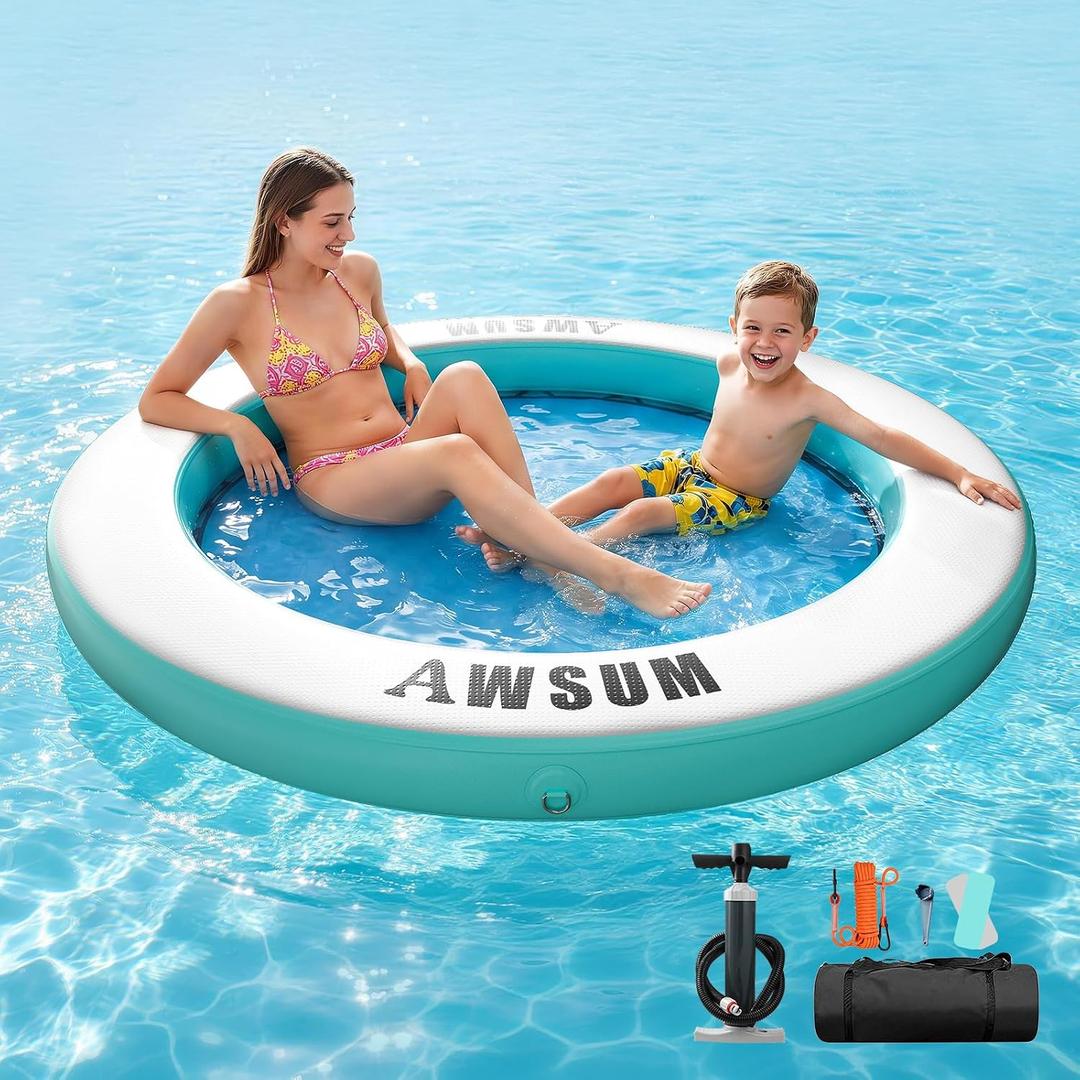 AWSUM Inflatable Water Hammock, Round Floating Ring with Mesh Circle Floating Hammock for Adults, Small Heavy Duty Pool Floats for Oceans Lake River Beach 6 FT 500 lbs