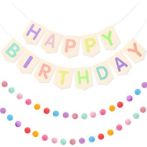 Buryeah Pastel Felt Happy Birthday Banner Colorful Garland Boho Confetti Pom Pom Rainbow Birthday Banner Reusable Sign Decoration for Festive Cute Candy Party Supply