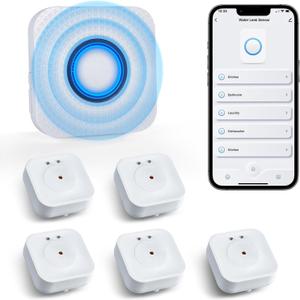 WiFi Water Sensors - 110dB Detector with Real-time APP Notifications | 5Pack Leak Alarm with Remote Control, 2.4G Sensors for Home