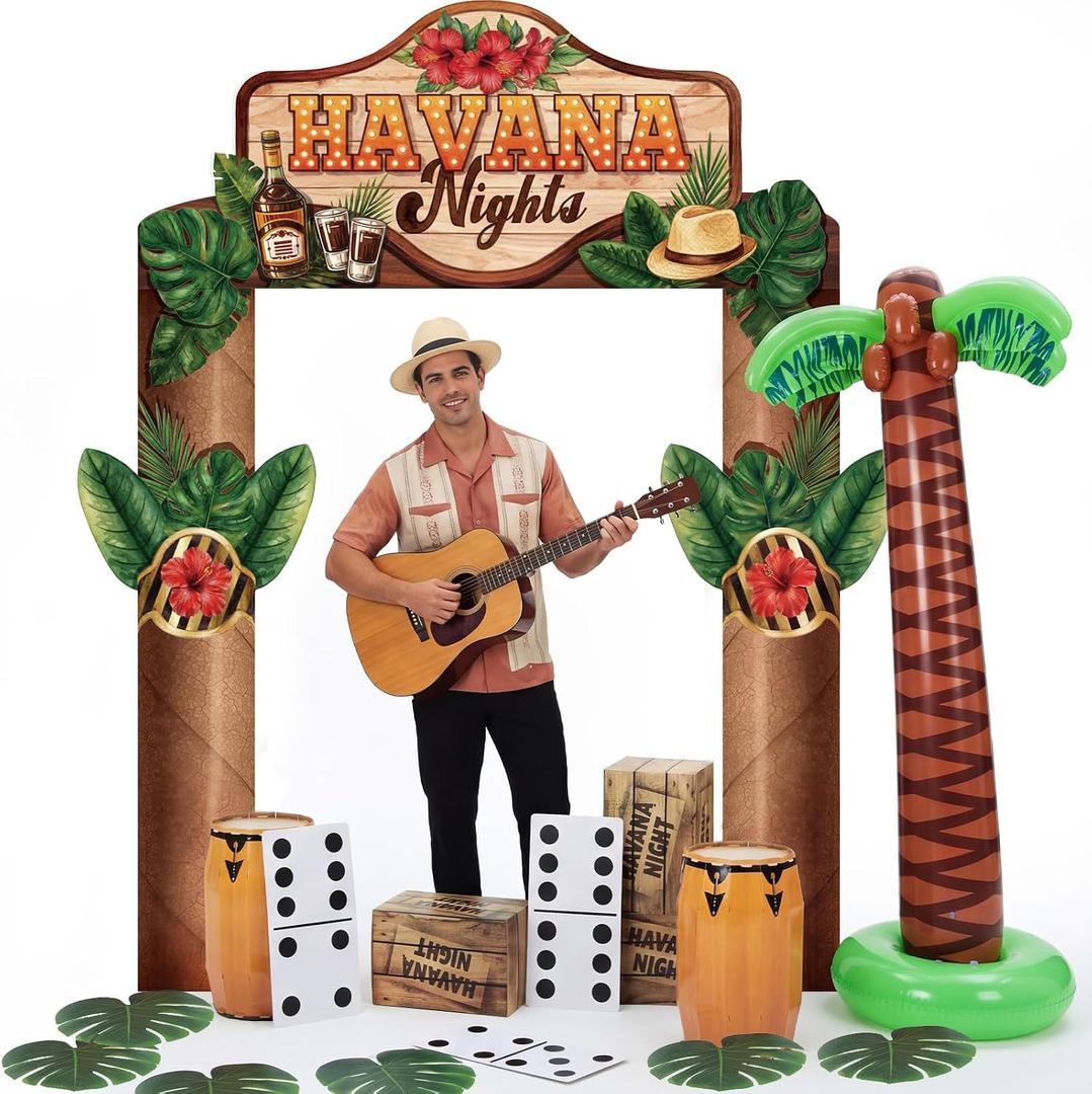 16 Pcs Hawaiian Theme Party Decorations Include Backdrop Banner Cardboard Conga Drum Paper Boxes Domino Inflatable Coconut Palm Tree Palm Leaves for Summer Tropical Photo Booth Props