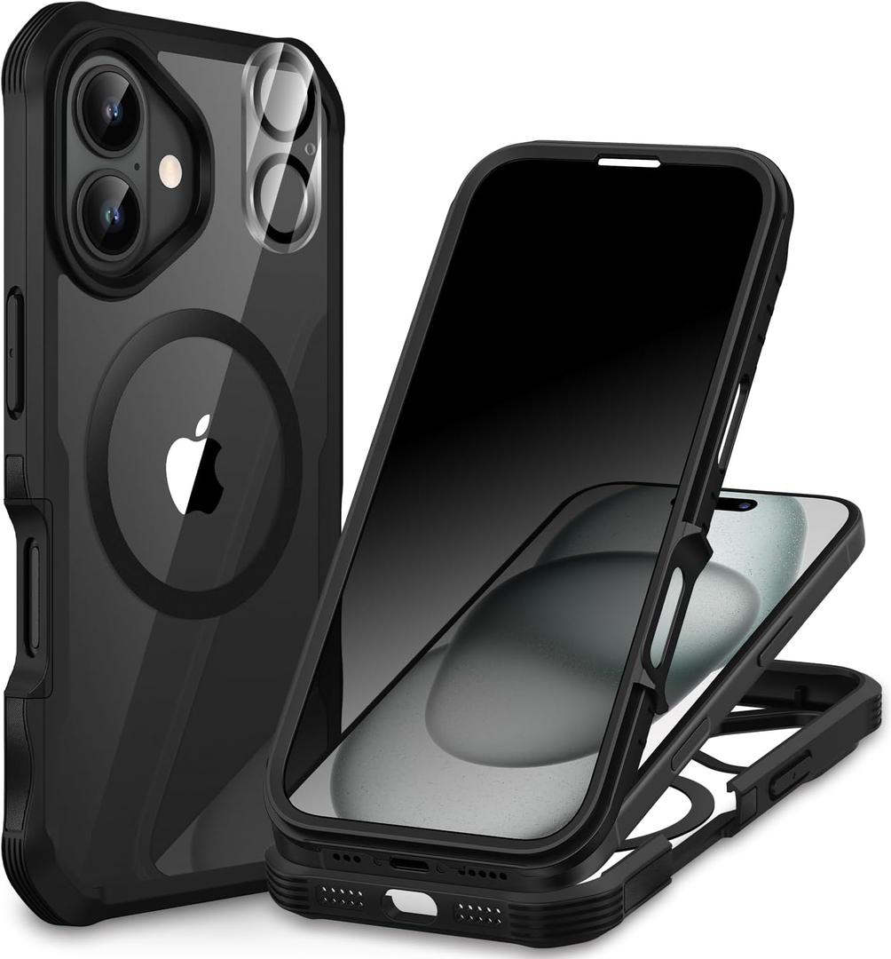 CENHUFO Magnetic Privacy for iPhone 16 Case [Compatible with Magsafe] Full Body Phone Case Built-in 9H Tempered Glass Privacy Screen Protector and Camera Lens Cover, Shockproof Bumper Clear -Black