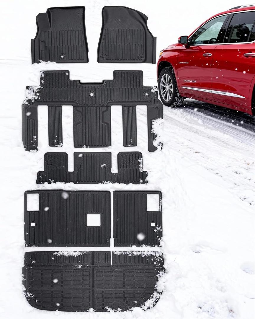 All Weather Floor Mats & Cargo Liner Custom Fit for Chevy Traverse 2009-2017 (Only Fits Captain's Chairs), Front 2nd Backrest Trunk Mats for Buick Enclave 2009-2017, TPE Anti-Slip Car Accessories