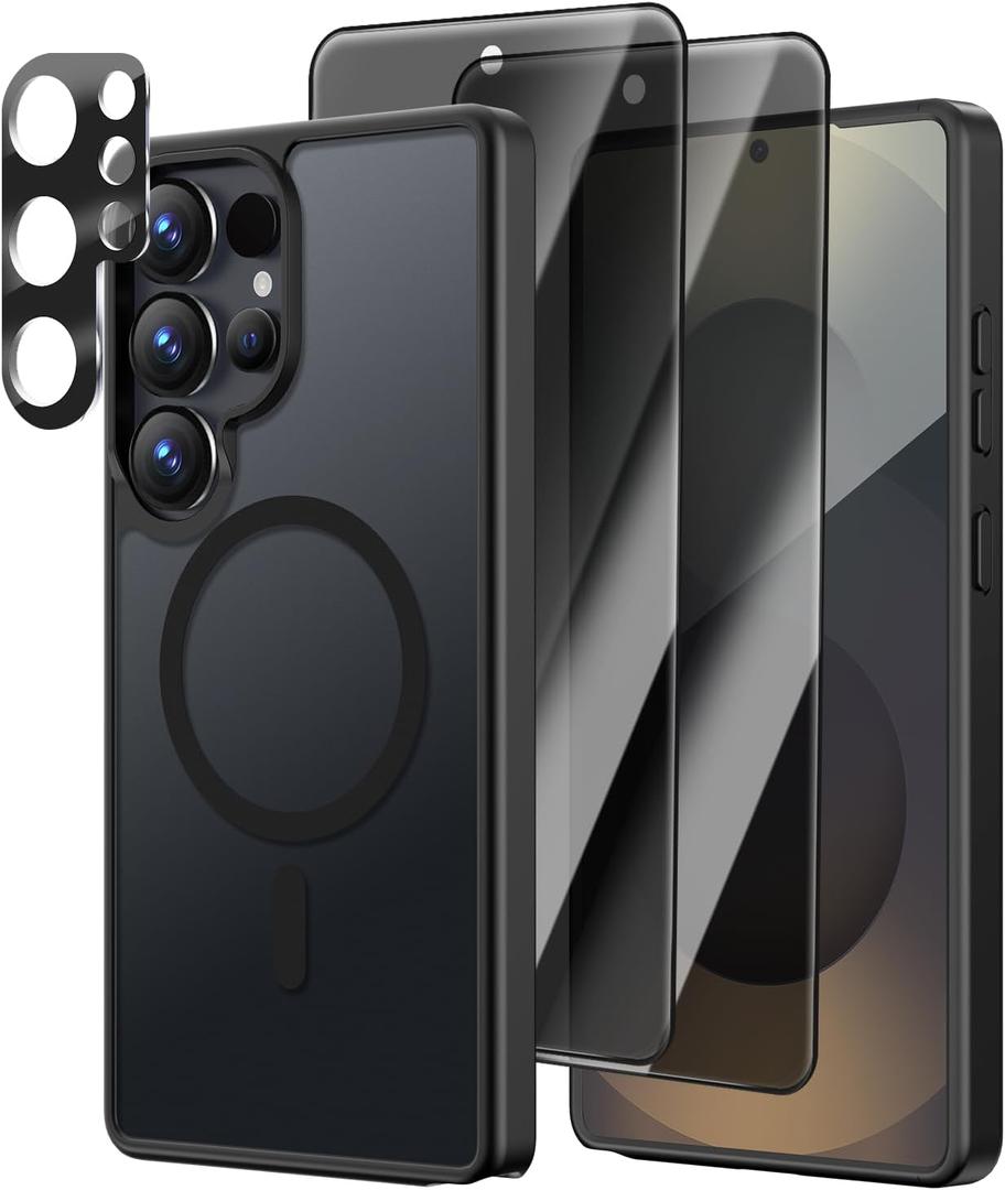 [4 in 1] Magnetic for Samsung Galaxy S25 Ultra Case, 2 Pics Privacy Screen Protectors and 1 Pic Camera Protector, Fit for MagSafe, Military Grade Shockproof Translucent Matte S25 Ultra Cover, Black