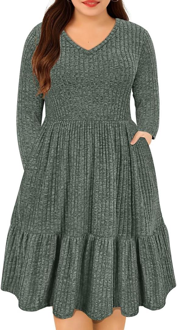 CARCOS Plus Size Dresses for Curvy Women Crew/Vneck Long Sleeve Dresses Ladies Knee Long Fall Winter Dress with Pocket, Small