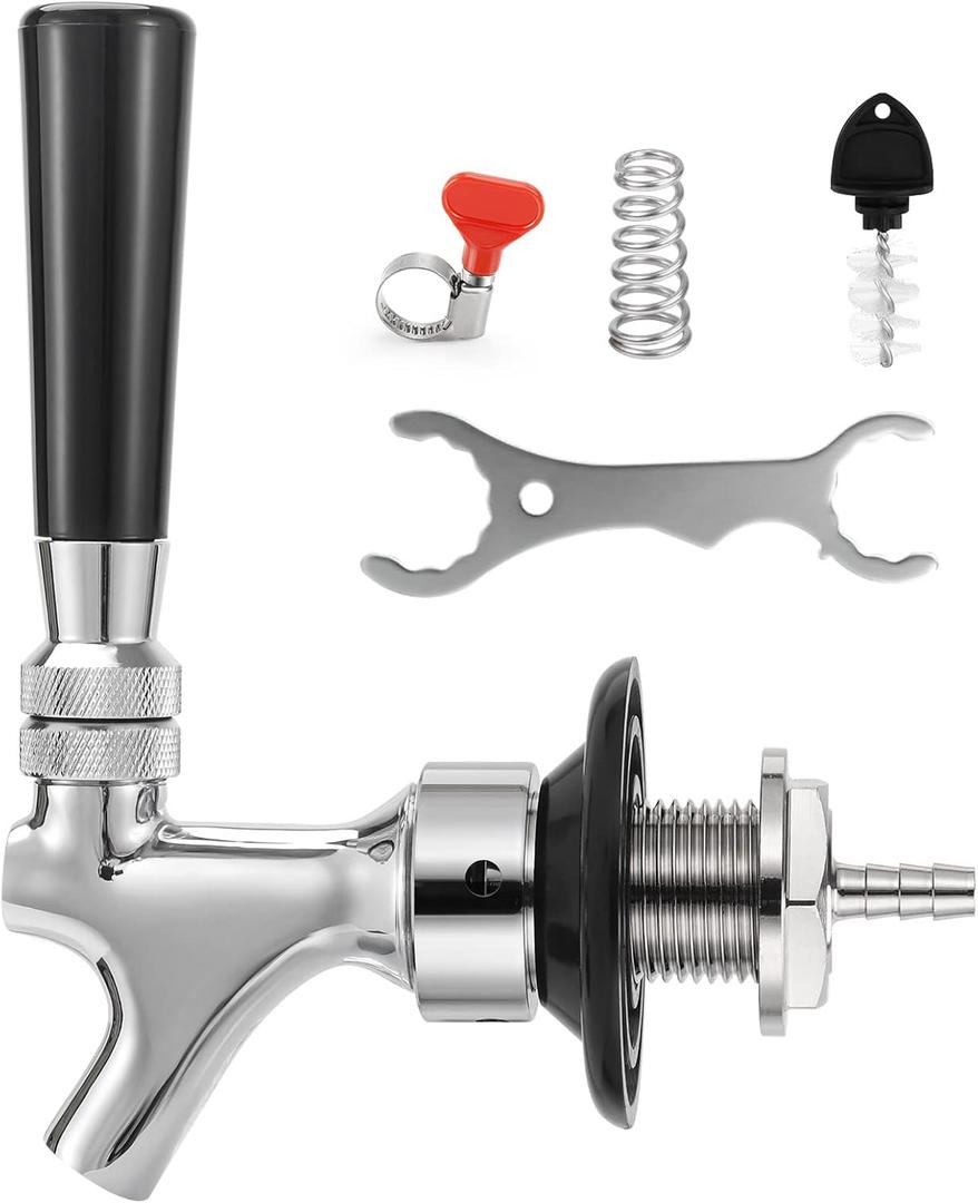 Draft Beer Faucet Shank Kit, Not Stick No Leak Brewing O.D 1/4" Beer Line Barb 2" Beer Shank Stainless Steel Core Brass Body Kegerator Beer Tap Self-Closing Spring Spanner Wrench