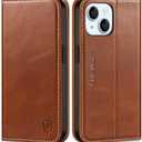 SHIELDON Case for iPhone 15 2023, Genuine Leather Wallet Book Case Magnetic RFID Blocking Credit Card Holder Kickstand Shock Absorbing Cover Compatible with iPhone 15 6.1" - Retro