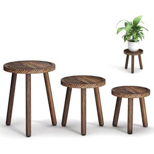 3-Pack Wood Plant Stands Indoor, Single Plant Stand for 6-12 Inch Pots, Mid-Century Modern Plant Stool, Tall Plant Stand for Large Plants Perfect Fit for Living Room, Balcony, Office (heavy burnt color)