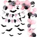 Pink Halloween Party Decorations With Happy Boo Day Banner, Spider Web, Bat Wall Decor, Pink and Black Balloons for Birthday and Baby Shower
