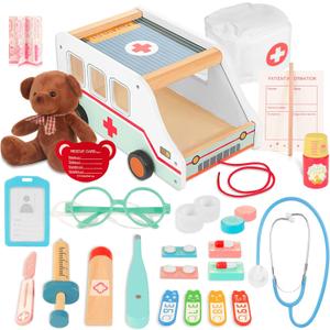 Wooden Doctor Kit for Kids, 37pcs Pretend Play Medical Kit with Ambulance Toy & Plush Bear, Imagination Doctor Role Play Set for Boys Girls Age 3 4 5 6 7