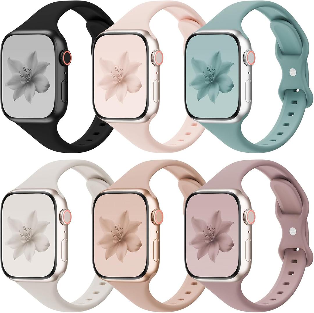6 Pack Thin Slim Bands Compatible with Apple Watch 38mm 40mm 41mm 42mm 44mm 45mm 46mm 49mm Women Men, Replacement Soft Silicone Sport Strap for iWatch Series 11/10/9/8/7/6/5/4/3/2/1 Ultra SE
