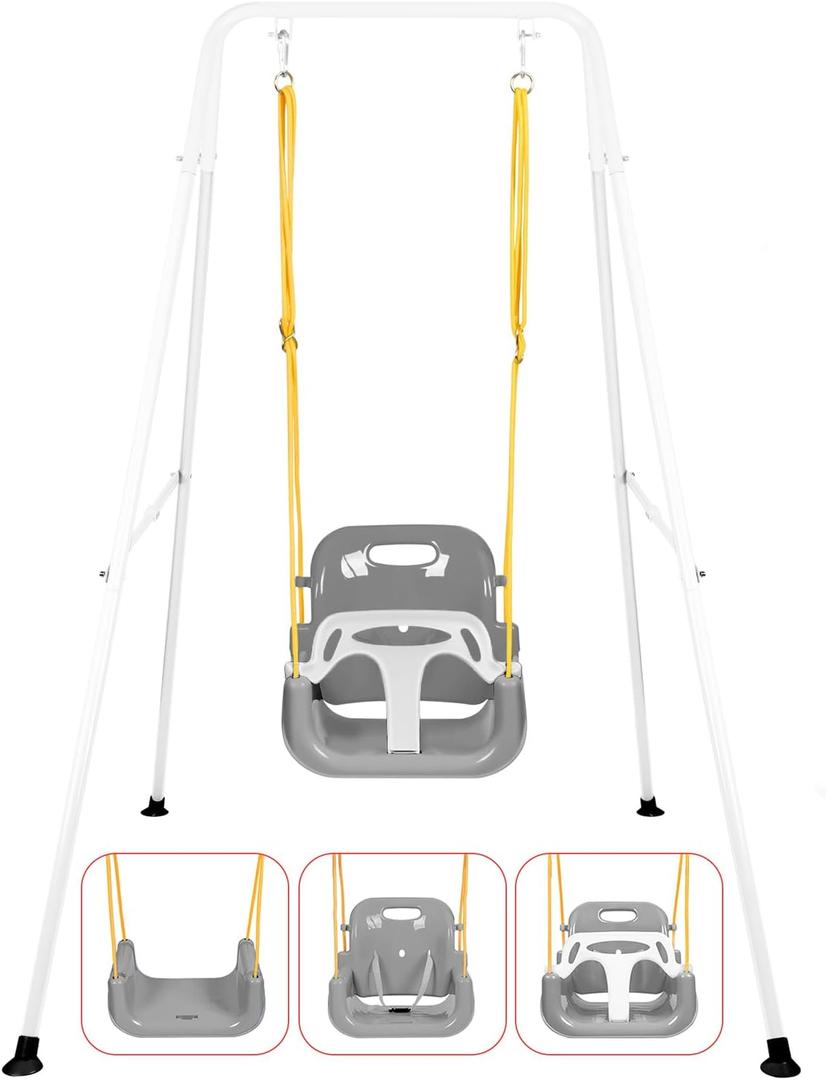 3-in-1 Toddler Swing Set, Foldable Baby Swing with Stand, Indoor & Outdoor Kids Swings Sets, Multifunctional Swings for Home Backyard, Easy to Install and Store (White)