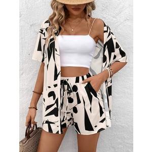 Women's 2 Piece Tropical Print Outfits Shirt Top Shorts Set (Apricot), Medium 
