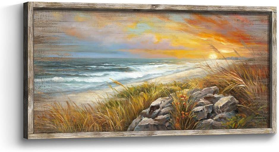 Beach Framed Wooden Wall Art: Sunset Ocean Wave Painting Print Relaxing Coastal Theme Picture Sea Grass Rocky Seascape Artwork Decor for Living Room Bedroom Office