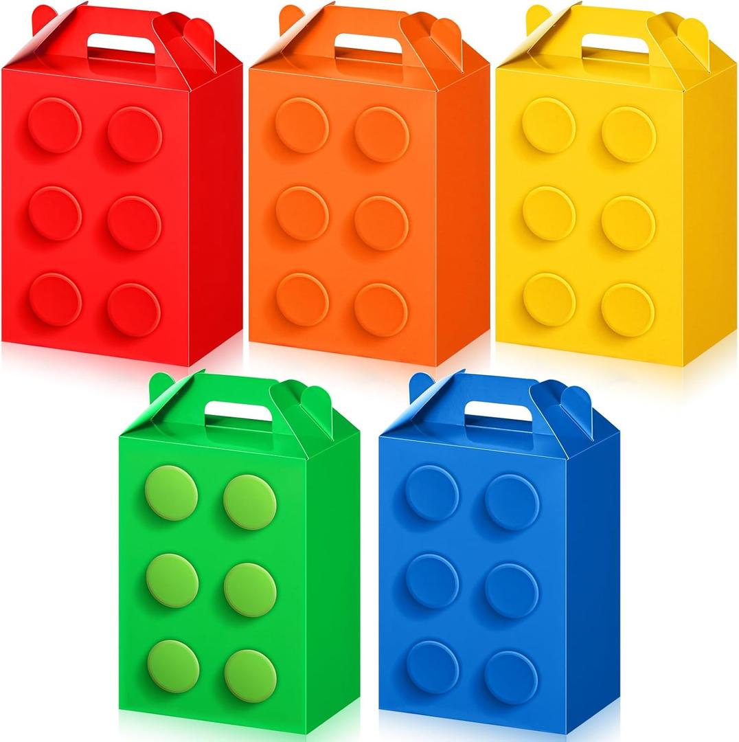 Liliful 30 Pieces Building Block Party Favor Boxes Colors Building Brick Theme Gift Goodie Treat Bags with Handle Candy Cookie Boxes for Birthday Party Baby Shower Decoration Supplies