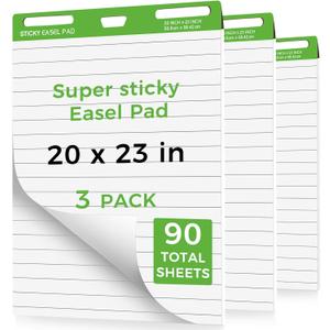 Sticky Easel Pads 20 x 23 Inches, 3 Pack Anchor Chart Paper for Teachers, Self Stick Flip Chart Paper with Sticky Back for Classroom, Office, 30 Sheets/Pad (Lined), 20 inches x 23 inches x 1.9 inches