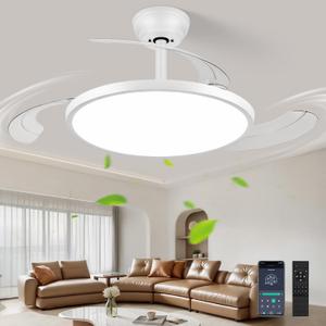 48" Retractable Ceiling Fan with Lights, Slim Fandelier Ceiling Fans with Lights and Remote, Dimmable 6 Speed Silent Modern Ceiling Fan with Light for Bedroom Living Room Kitchen-White