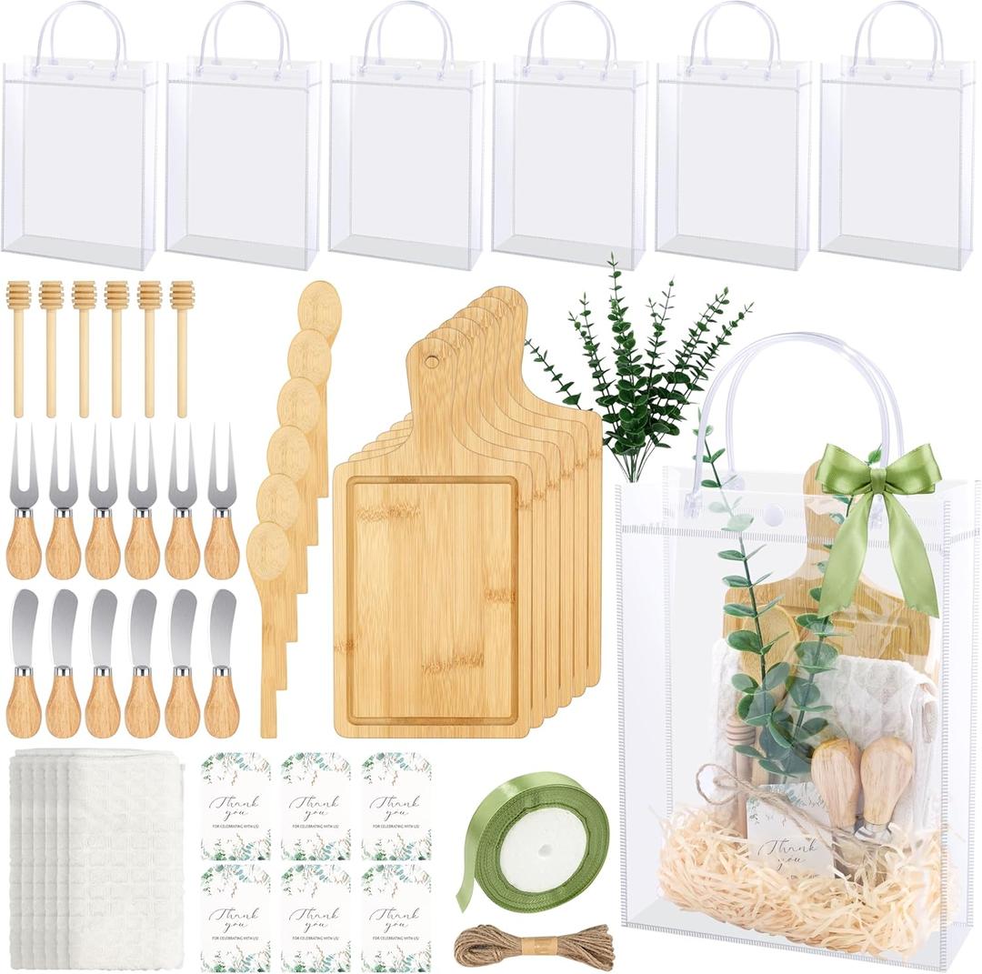63 Pcs Baby Shower Prizes for Winners Baby Shower Game Prizes- 6 Set Bamboo Cutting Boards Gift Bulk with Knives Forks Spoons Towels Eucalyptus and Gift Bags for Wedding Bridal Shower Party Favor
