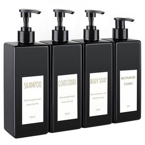 DEROANBOTT 4-Pack Black Square Bottle, 16.9 oz. Labeled Empty refillable soap Dispenser, Reusable Plastic Pump Bottle Bathroom Lotion Bottle Kitchen Hotel Shampoo Conditioner Shower Gel (Black)