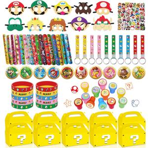 127 PCS Birthday Party Favor Supplies, Birthday Party Decorations Set Includes 50 Stickers, 15 Slap Bracelets, 10 Bracelets, 10 Button Pins, 10 Key chains, 10 Box, 10 Mask, 12 Stamp