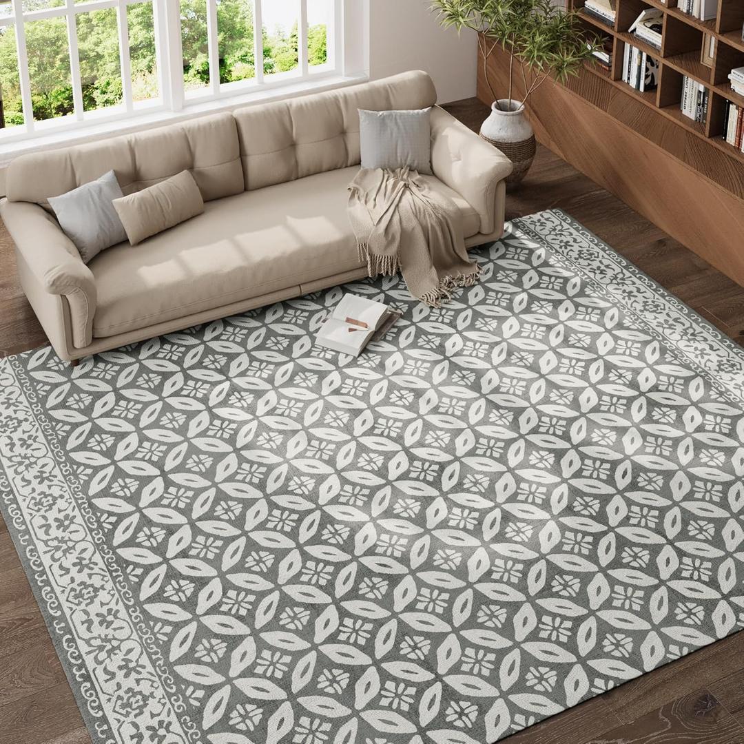 jinchan Area Rug 6x9 Washable Rug - Geometric Living Room Tile Pattern Floral Print Faux Wool Large Mat Farmhouse Soft Stain Resistant Non-Slip Carpet for Bedroom Dining Room Office Grey