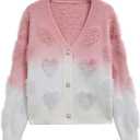 CHICWISH Women Cute Ombre Fuzzy Heart Button Down Cardigan V Neck Long Sleeve Soft Valentines Knit Sweater Coat Pink