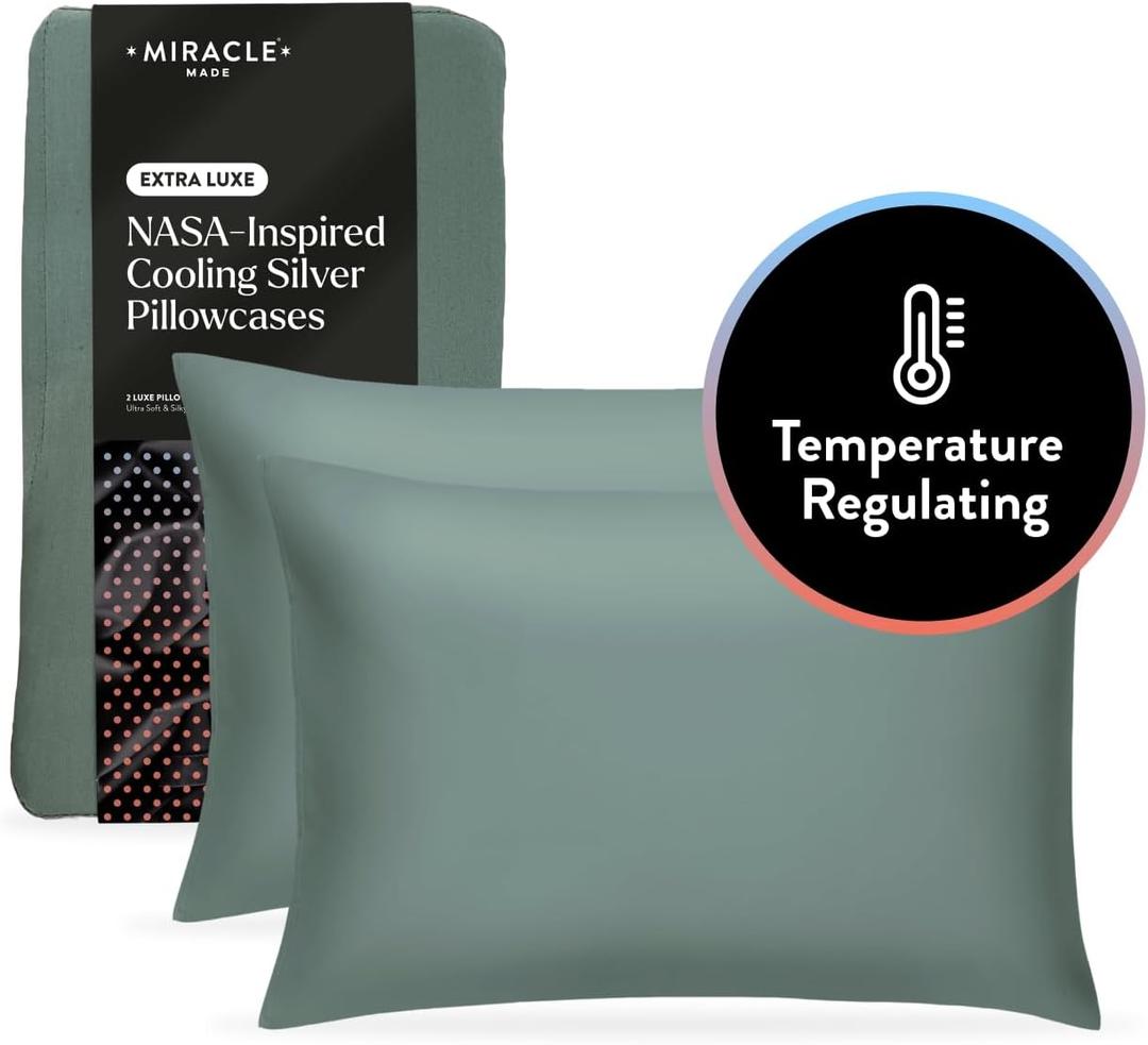 Miracle Made Extra Luxe Cool-to-The-Touch Pillowcase Set, 2-Piece – Soft, Breathable, Silver-Treated Cotton Covers – King/Cali King Size, Sage Green
