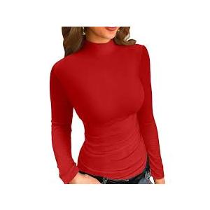 Riyiper 2 Pack Women's Ribbed Shirts, Mock Turtleneck Long Sleeve Tops Slim Fitted Undershirts Casual Basic Layering Tees (Navy Blue, Red,Large)