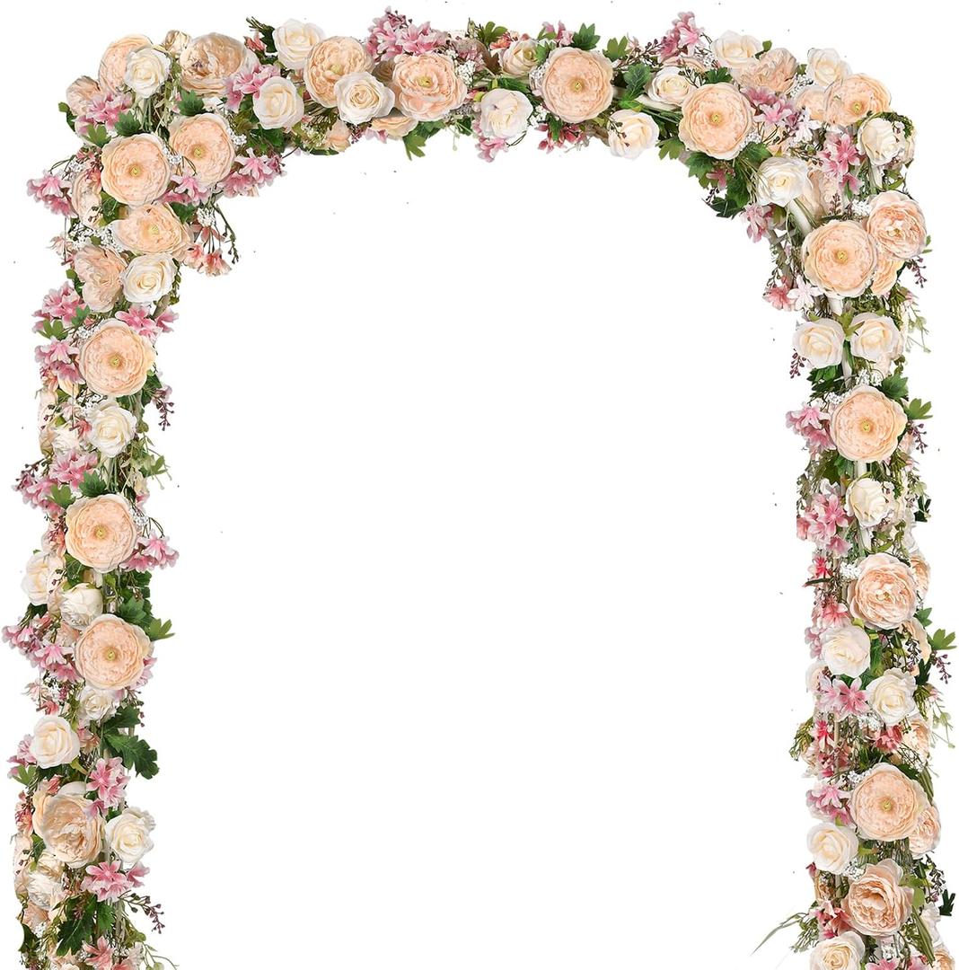 2 Pack Artificial Peony Flower Garland - 6ft Silk Peony Garland Flower Vine Champagne Peony Silk Roses Flowers for Wedding Arch Party Table Decor (2, Champagne)