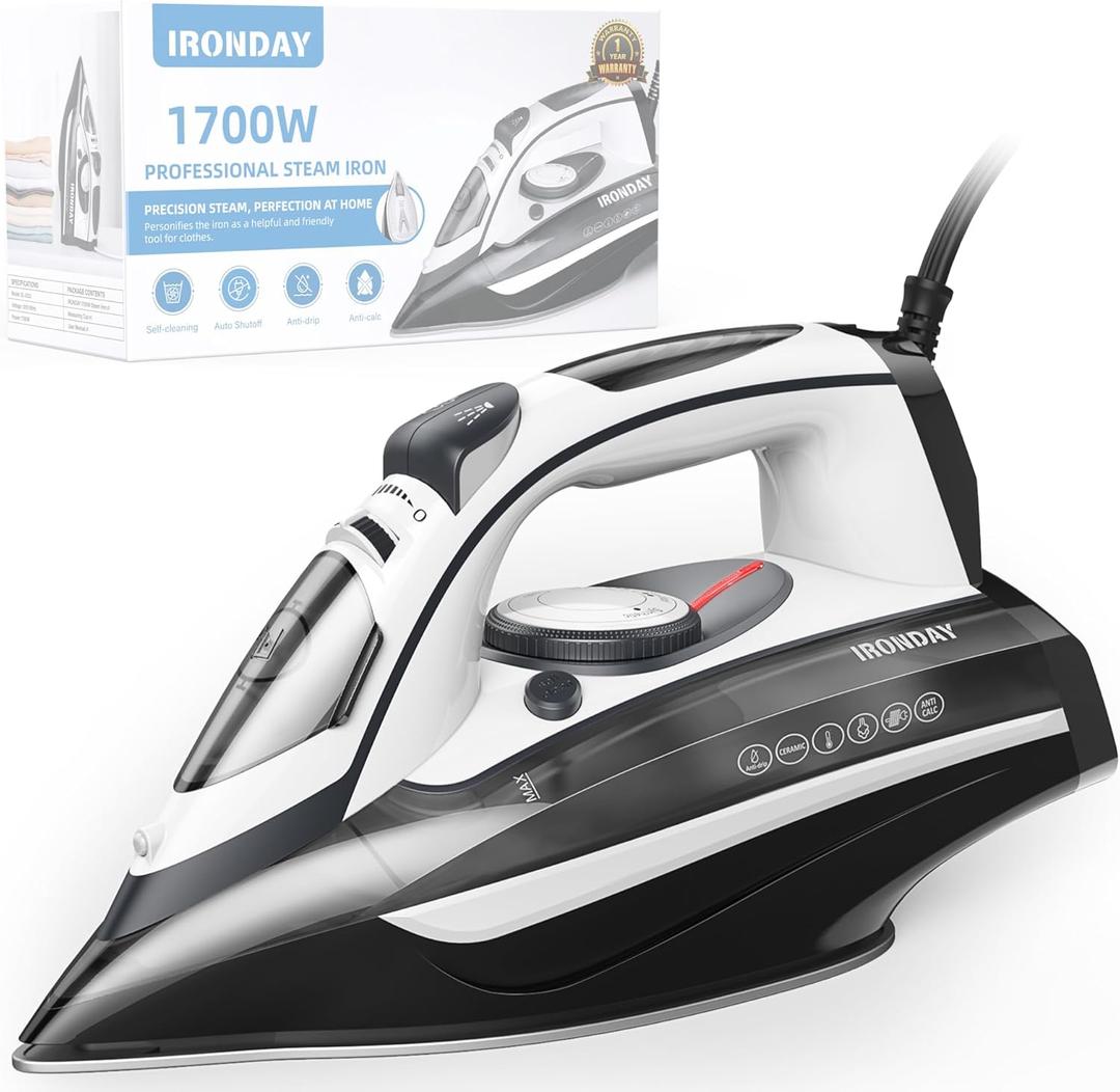 IRONDAY 1700W Steam Iron for Clothes Rapid Heating, Stick Ceramic Soleplate, 3-Way Auto-Off, Burst of Steam, 14.07oz Water Tank Ironing Clothes for Home