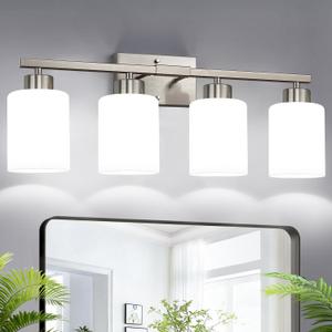 Brushed Nickel Bathroom Light Fixtures with Milk Glass Shades, Eye-Friendly 4 Light Vanity Lights for Bathroom, Vanity Lights with E26 Socket (Bulbs Not Included), for Mirror, Bedroom, Hallway