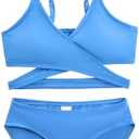 Karrack Teen Girls' Swimsuits Two-Piece V-Neck Bikini Adjustable Shoulder Straps Swimsuit Kids Bikini Set, 16, Blue