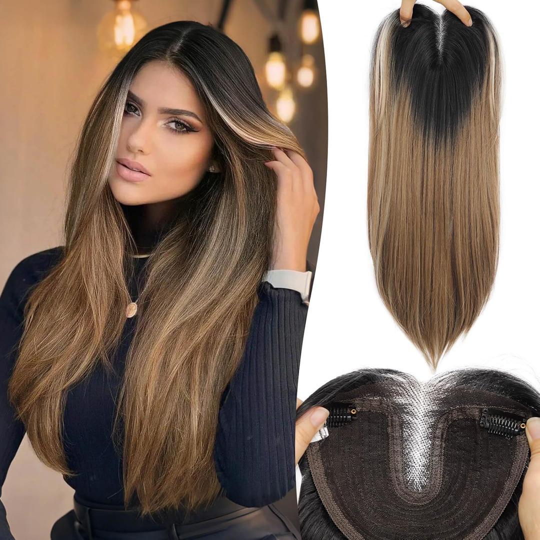 Eawwii Black to Ombre Light Brown Synthetic Hair Toppers for Women with Thinning 5x6 inch Large Base Coverage Clip in Wispy Bangs Upgraded Adjustable Bandage 24 Inch Long Layered