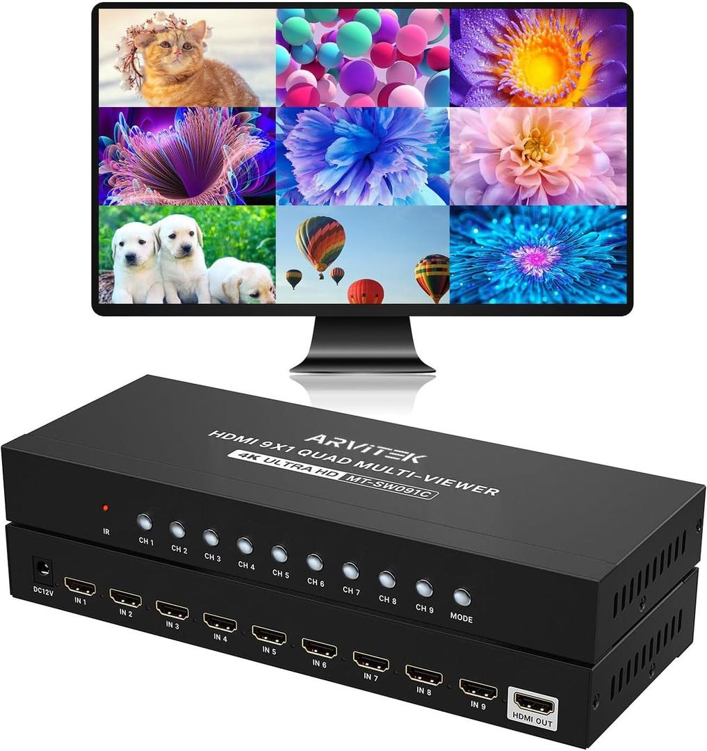 HDMI Multi-Viewer 9x1, 4K@30Hz Quad Seamless HDMI Multiviewer Switcher 9 in 1 Out w/Remote for Security Camera, PC, Laptop, Fire Stick, Roku, Game (8 Display Modes)